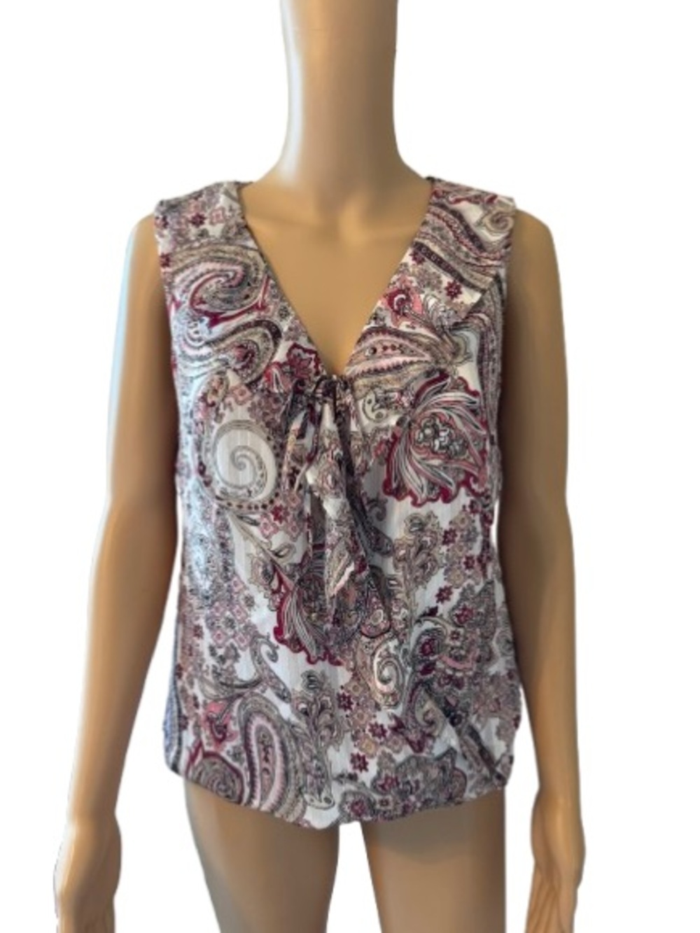 WHBM Ruffled Sleeveless Paisley V-Neck Pink White Blouse Size 2